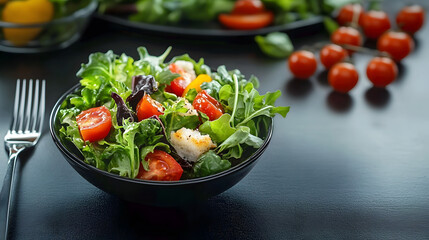 Fresh and vibrant salad display on black surface with fork highlighting healthy eating lifestyle : Generative AI
