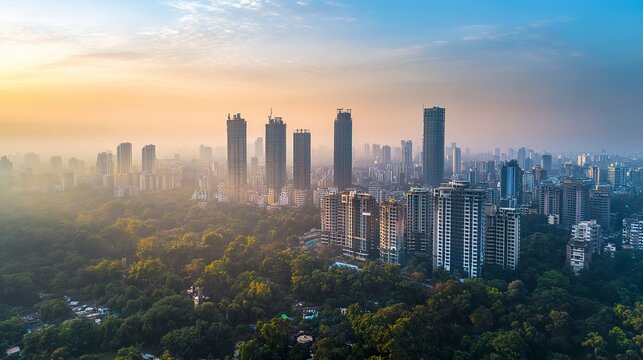 Pune skyline as seen from above, skyscrapers rising through the haze, soft sunlight illuminating treetops amidst the dense urban layout, hazy smog creating a serene muted tone 