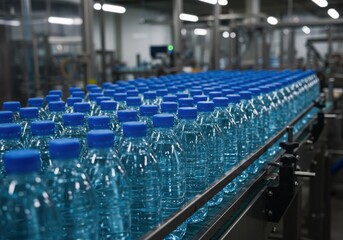 Fototapeta premium Rows of water bottles with blue caps on a conveyor belt in a manufacturing plant setting seen closely