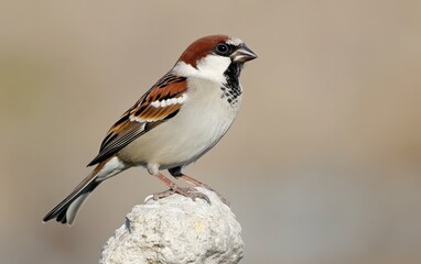 A male house sparrow perched on a textured, light-colored surface against a blurred neutral background. The bird's plumage exhibits a mix of brown, gray, and white feathers. The lighting is soft and