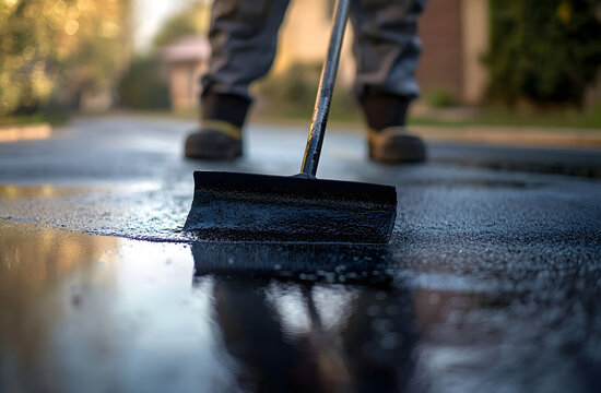 Person sealing driveway with squeegee applicator tool in sunny day. Driveway asphalt sealcoating protects pavement, prevents fractures. Maintenance worker spreads liquid tar coal. Home improvement,