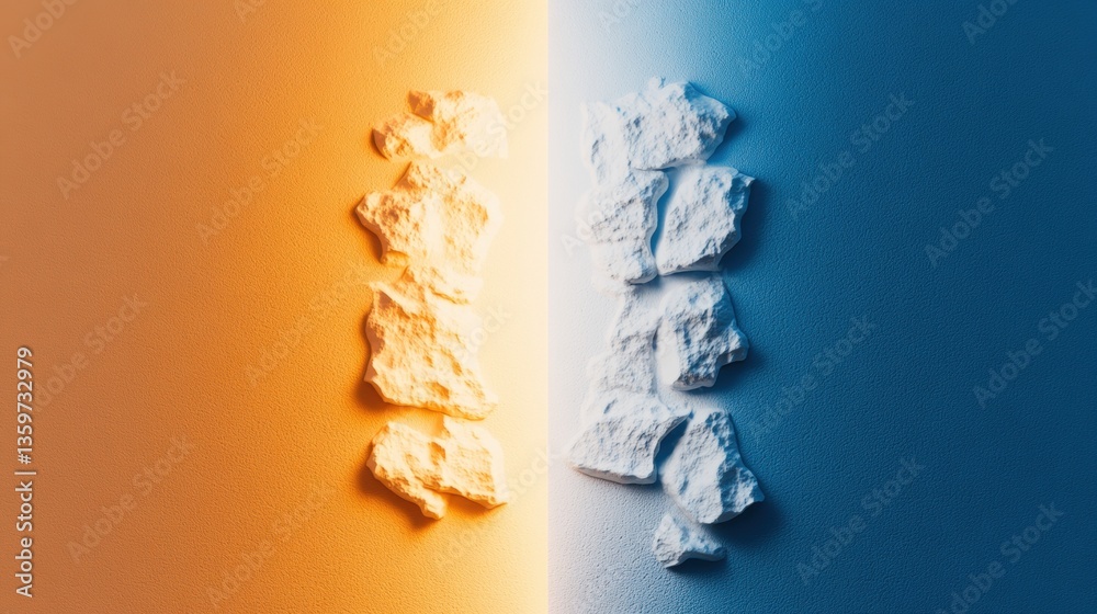 Poster close-up of irregularly shaped fragmented white pieces symmetrically arranged on a warm orange backg