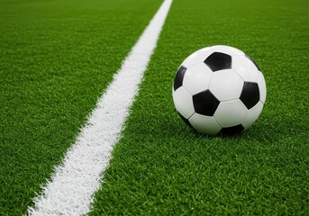 A soccer ball resting on green grass near a white line on a field ready for a soccer game match