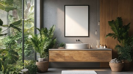 Modern Bathroom Interior with a Luxurious Design, Featuring a Sleek Sink, Mirror, and a Blank Vertical Poster on the Wall