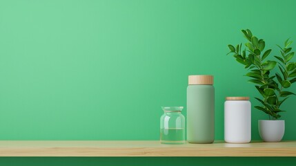 Fototapeta premium A minimalist shelf with green jars and a small plant against a vibrant green wall, creating a fresh and modern ambiance, Sustainable Living.