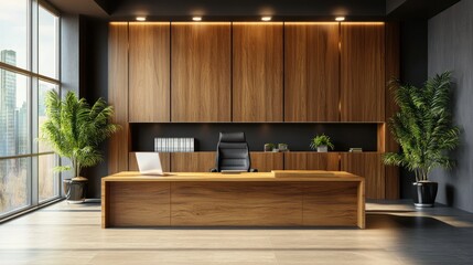 &ldquo;Luxurious Executive Office with Sophisticated Wooden Furniture and Modern Lighting&rdquo;

