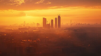 Fototapeta premium Riyadh's iconic skyline at golden hour, skyscrapers such as the Tower bathed in warm amber light, desert tones in the distance blending with the urban scene 