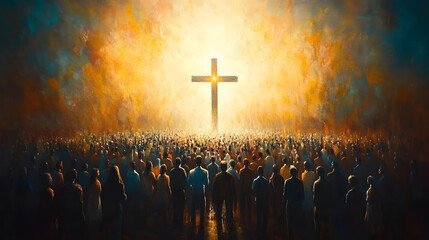 A large cross is at the center of an art painting, surrounded by people from all walks of life standing together with faces illuminated and filled with hope as they gaze upon it