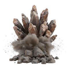 Stone shards and dust plume erupt skyward dynamic display dark isolated on png transparent background