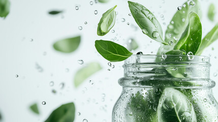 Fresh green leaf with water droplets falling into a glass bottle, symbolizing natural purity and herbal essence.
