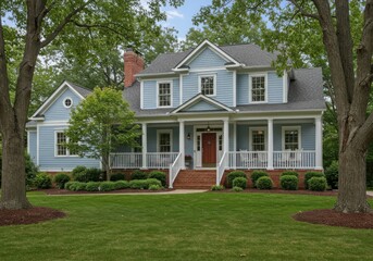 A beautiful two story house with a porch and a red door surrounded by green trees and a lawn area