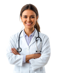 Fototapeta premium Confident healthcare professional with stethoscope wearing white coat and bright smile isolated on png transparent background