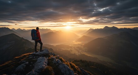 Hiker Observing Scenic Mountain Range Landscape at Sunrise with Warm Light