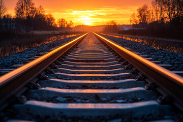Fototapeta premium Railway tracks receding into a vibrant sunset, showcasing a journey concept, representing travel, adventure, and the future, a path towards goals
