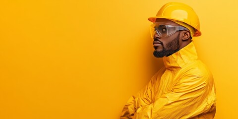 A construction worker wearing a yellow hard hat and protective glasses strikes a confident pose against a vibrant yellow background, emphasizing safety in the workplace