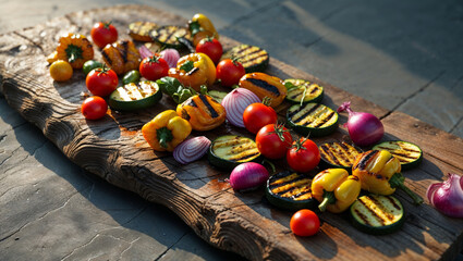 An artful arrangement of grilled vegetables on a weathered wooden board creates a delightful summer scene.