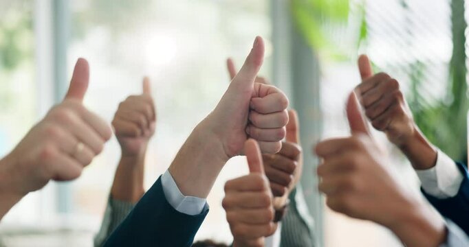 Hands, thumbs up and group in office with agreement, sign and support with emoji for deal at company. Business people, together and icon with choice, review and yes for good service at finance agency