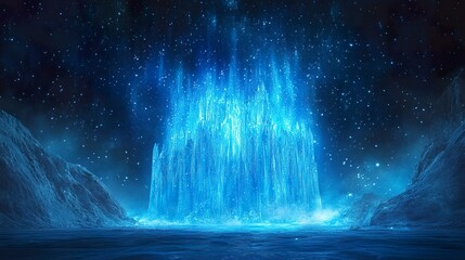 Shimmering ice castle towering over a frosty landscape, glowing blue and white under the northern lights, soft snowflakes falling 