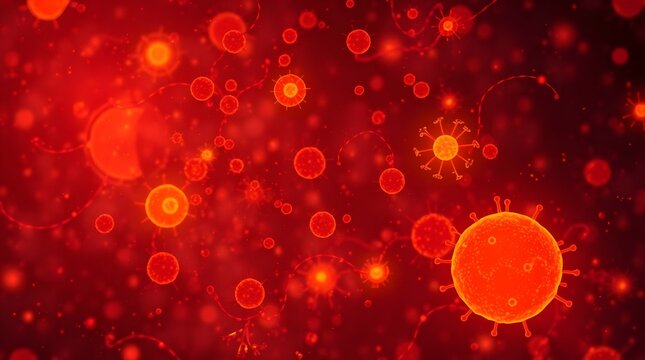 A highly detailed microscopic digital visualization of red viral particles and bacteria floating in a deep red biological fluid - Powered by Adobe