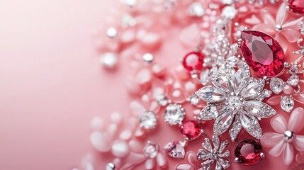 Fototapeta premium A stunning arrangement of sparkling gemstones and floral designs on a soft pink background, perfect for jewelry showcases