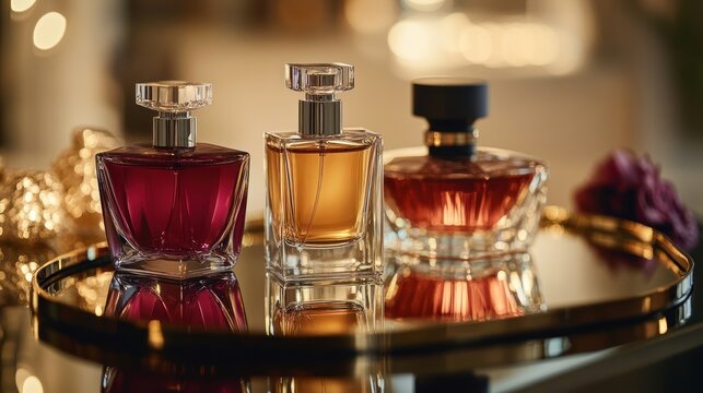 Elegant perfume bottles displayed on a tray, showcasing various scents.  Golden accents enhance the luxurious presentation - Powered by Adobe