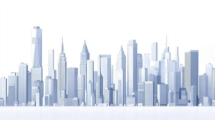 Fototapeta premium Simplified urban skyline in vector illustration style, light gray outlines of tall buildings against a pristine white background, sharp linear details emphasizing high-end architecture 