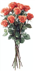 Fototapeta premium Beautiful bouquet of vibrant orange roses with lush green leaves in a classic arrangement on a white background
