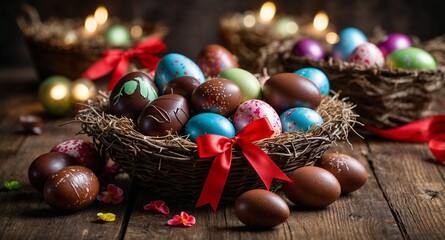 Panière avec des oeufs de Pâques en chocolats et noeux rouges