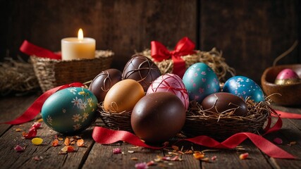 Oeufs de Pâques en chocolats sur une table rustique
