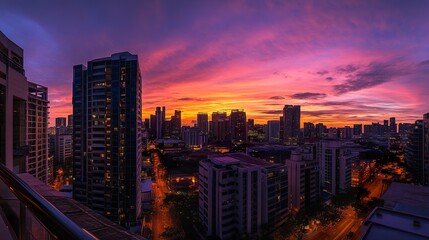 Fototapeta premium Singapore downtown towers silhouetted against a fiery sunset, the twilight sky transitioning into deep indigo, the city modern architecture glowing with a mix of natural and urban light