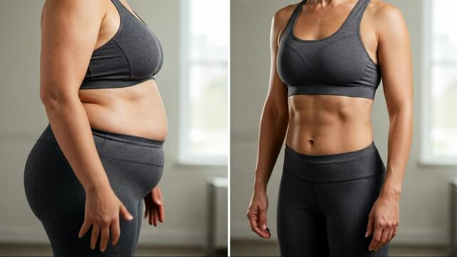 Before and after weight loss transformation of a woman, showcasing fitness journey, determination, and body positivity. Ideal for content on weight loss, exercise, diet, health, and wellness