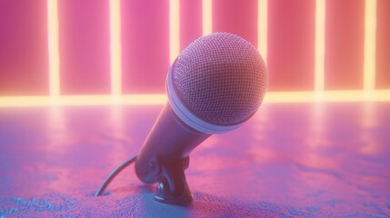 Obraz premium Neon stage microphone, singing, concert, music, pink, light, performance, audio