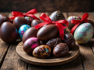 Oeufs de Pâques en chocolats sur un plateau en bois et une table rustique