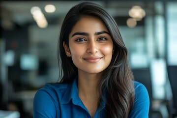 Obraz premium Portrait of a woman with dark hair and a blue shirt, smiling softly against a blurred office background. Focus on professional portrait, business environment, and confident expression.