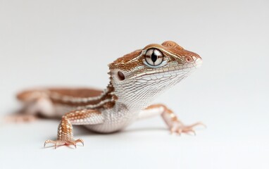 Close-up of a small brown and white lizard on a white background. The lizard is looking to the right of the frame.  Its skin is textured, and its eyes are bright