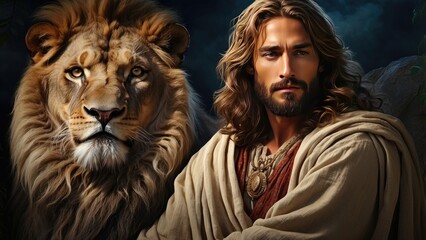 "Spiritual Art: Jesus and the Lion of Judah Religious Portrait on Black Background"