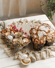 Colomba - Italian traditional Easter bread is topped with pearl sugar and almonds in the shape of a dove. Festive pastries are traditional in Italy.