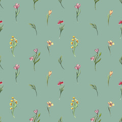 Seamless watercolor floral pattern with delicate wildflowers. Elegant hand-painted botanical design for fabric, wallpaper, invitations, and scrapbooking. Soft natural aesthetics in pastel tones