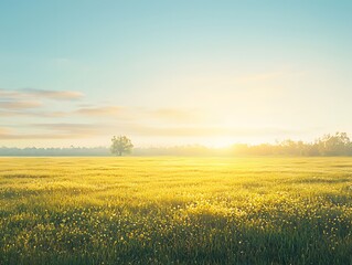 Obraz premium Bright sunrise over a tranquil meadow filled with wildflowers in the morning light