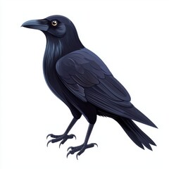 Fototapeta premium Realistic illustration of a solitary black raven perched elegantly with intricate feather details against a neutral background.