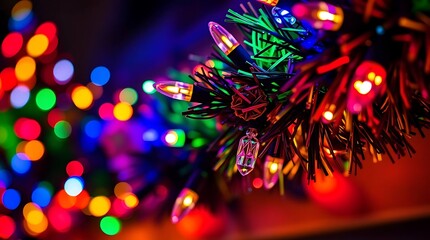 Bright Christmas Tree with Colorful Lights and Decorations