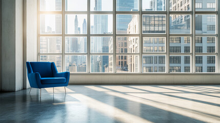 Fototapeta premium Blue armchair by large window overlooking cityscape, showcasing spacious modern interior, sunlight streaming in, creating calm and peaceful atmosphere