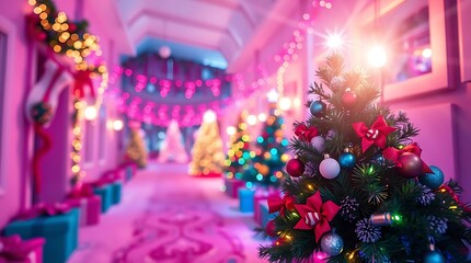 Christmas tree decorated with lights and ornaments in the city during the holiday season with presents and festive decorations