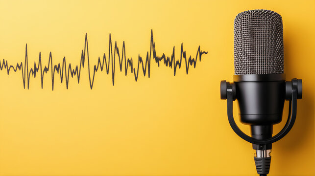 Studio recording rode NT1. A condenser microphone sound checker podcasting with sound waveform silhouette. Heartbeat pulse microphone, music, karaoke, sound amplifier mic. 