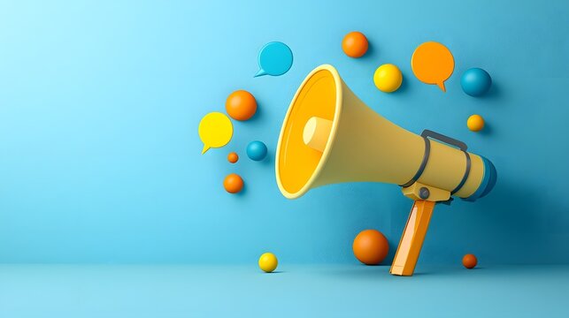 Graphic of a bold yellow megaphone surrounded by playful colorful speech bubbles representing the power of digital marketing and viral advertising strategies
