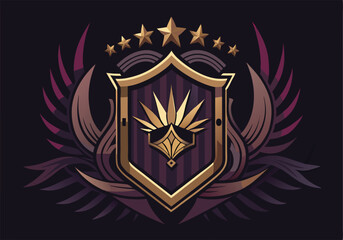 Obraz premium Majestic Golden Shield Emblem with Wings, Stars, and Crest