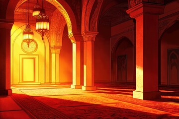 Obraz premium Serene Interior of an Ornate Hallway Bathed in Golden Light