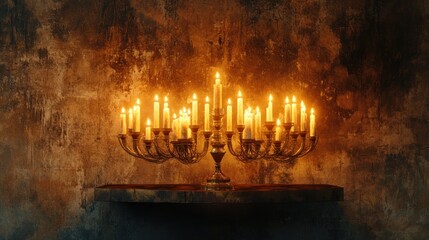 Fototapeta premium Antique candelabra with many burning candles on a dark wooden surface against a textured wall.