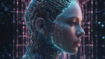 A futuristic and cybernetic close-up portrait of a woman with closed eyes, immersed in a digital environment