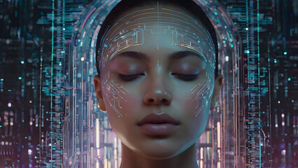 A futuristic and cybernetic close-up portrait of a woman with closed eyes, immersed in a digital environment